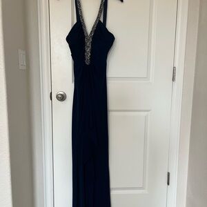 JS Boutique Navy Backless Gown with Silver Accents